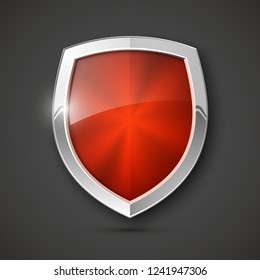Protected steel guard shield concept. Safety badge steel icon. Privacy metal banner shield. Security metal label. Defense tag. Presentation chrome sticker shape. Defense safeguard shield steel sign