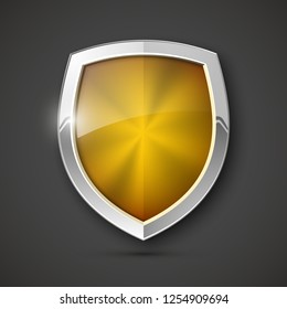 Protected steel guard shield concept. Safety badge steel icon. Privacy metal banner shield. Security metal label. Defense tag. Presentation chrome sticker shape. Defense safeguard shield steel sign