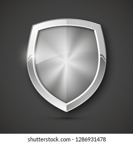 Protected steel guard shield concept. Safety badge steel icon. Privacy metal banner shield. Security metal label. Defense tag. Presentation chrome sticker shape. Defense safeguard shield steel sign