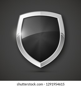 Protected steel guard shield concept. Safety badge steel icon. Privacy metal banner shield. Security metal label. Defense tag. Presentation chrome sticker shape. Defense safeguard shield steel sign