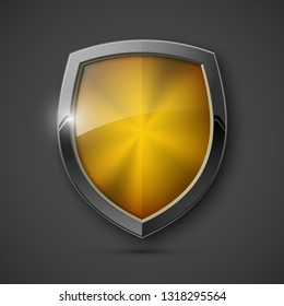 Protected steel guard shield concept. Safety badge steel icon. Privacy metal banner shield. Security metal label. Defense tag. Presentation chrome sticker shape. Defense safeguard shield steel sign