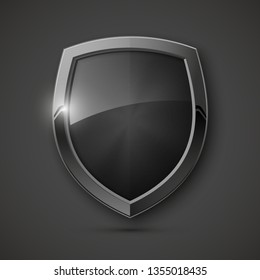 Protected steel guard shield concept. Safety badge steel icon. Privacy metal banner shield. Security metal label. Defense tag. Presentation chrome sticker shape. Defense safeguard shield steel sign