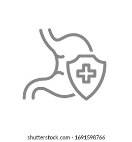 Protected stomach line icon. Treatment, first aid for gastrointestinal tract symbol