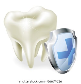 Protected teeth concept. Shiny tooth illustration with protective shield symbol.