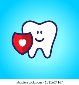 Protected tooth, healthy, white, happy tooth, dentistry, oral hygiene. Shield with a love symbol, heart. vector illustration