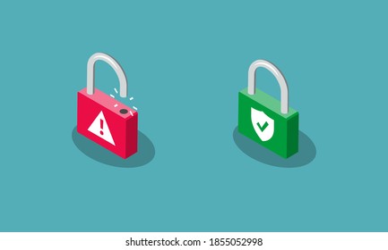 Símbolos de candado protegidos y sin protección, aislados en fondo azul. Diseño plano, fácil de usar para su sitio web o presentación.