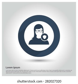 Protected User Shield icon, Circle Long shadow pictogram icon on gray background.