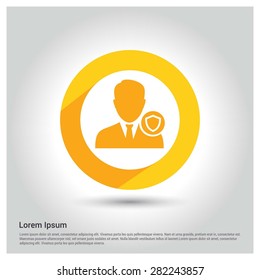 Protected User Shield icon, Circle Long shadow pictogram icon on gray background.