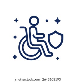 Protected wheelchair user surrounded by sparkles. Icon symbol illustration