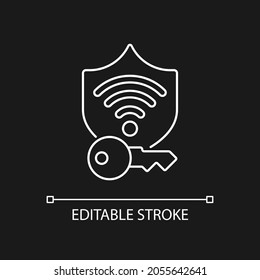 Protected wifi password white linear icon for dark theme. Internet safety. Password management. Thin line customizable illustration. Isolated vector contour symbol for night mode. Editable stroke