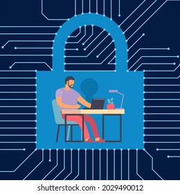 Protected workflow. Man working at computer. Digital security. Information encryption. Lock with keyhole. Internet privacy and business data safety. Protection of hackers. Vector concept