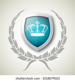Protected wreath crown shield concept. Safety badge protection garland icon. Privacy corona banner shield. Security label Defense tag. Crown sticker shield. Defense safeguard sign. Vector wreath badge