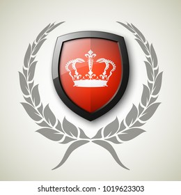 Protected wreath crown shield concept. Safety badge protection garland icon. Privacy corona banner shield. Security label Defense tag. Crown sticker shield. Defense safeguard sign. Vector wreath badge