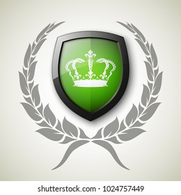 Protected wreath crown shield concept. Safety badge protection garland icon. Privacy corona banner shield. Security label Defense tag. Crown sticker shield. Defense safeguard sign. Vector wreath badge