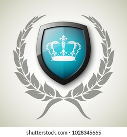 Protected wreath crown shield concept. Safety badge protection garland icon. Privacy corona banner shield. Security label Defense tag. Crown sticker shield. Defense safeguard sign. Vector wreath badge