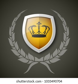 Protected wreath crown shield concept. Safety badge protection garland icon. Privacy corona banner shield. Security label Defense tag. Crown sticker shield. Defense safeguard sign. Vector wreath badge