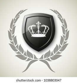 Protected wreath crown shield concept. Safety badge protection garland icon. Privacy corona banner shield. Security label Defense tag. Crown sticker shield. Defense safeguard sign. Vector wreath badge
