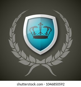 Protected wreath crown shield concept. Safety badge protection garland icon. Privacy corona banner shield. Security label Defense tag. Crown sticker shield. Defense safeguard sign. Vector wreath badge