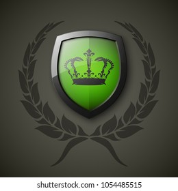 Protected wreath crown shield concept. Safety badge protection garland icon. Privacy corona banner shield. Security label Defense tag. Crown sticker shield. Defense safeguard sign. Vector wreath badge
