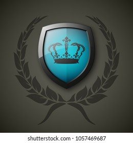 Protected wreath crown shield concept. Safety badge protection garland icon. Privacy corona banner shield. Security label Defense tag. Crown sticker shield. Defense safeguard sign. Vector wreath badge