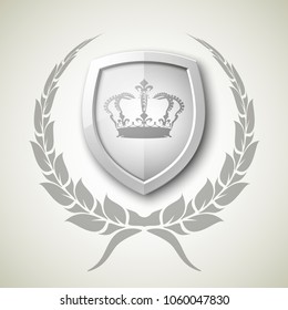 Protected wreath crown shield concept. Safety badge protection garland icon. Privacy corona banner shield. Security label Defense tag. Crown sticker shield. Defense safeguard sign. Vector wreath badge