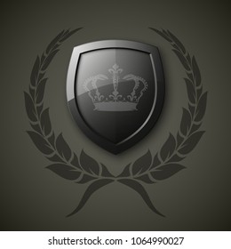 Protected wreath crown shield concept. Safety badge protection garland icon. Privacy corona banner shield. Security label Defense tag. Crown sticker shield. Defense safeguard sign. Vector wreath badge