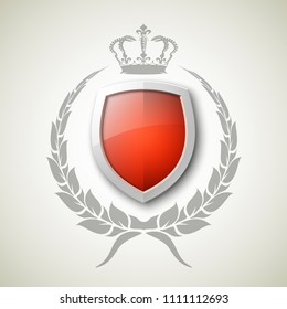 Protected wreath crown shield concept. Safety badge protection garland icon. Privacy corona banner shield. Security label Defense tag. Crown sticker shield. Defense safeguard sign. Vector wreath badge