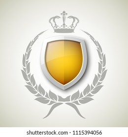 Protected wreath crown shield concept. Safety badge protection garland icon. Privacy corona banner shield. Security label Defense tag. Crown sticker shield. Defense safeguard sign. Vector wreath badge