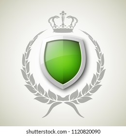 Protected wreath crown shield concept. Safety badge protection garland icon. Privacy corona banner shield. Security label Defense tag. Crown sticker shield. Defense safeguard sign. Vector wreath badge