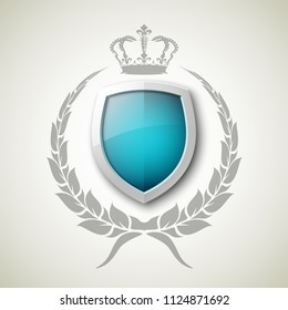 Protected wreath crown shield concept. Safety badge protection garland icon. Privacy corona banner shield. Security label Defense tag. Crown sticker shield. Defense safeguard sign. Vector wreath badge