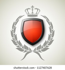 Protected wreath crown shield concept. Safety badge protection garland icon. Privacy corona banner shield. Security label Defense tag. Crown sticker shield. Defense safeguard sign. Vector wreath badge