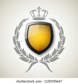 Protected wreath crown shield concept. Safety badge protection garland icon. Privacy corona banner shield. Security label Defense tag. Crown sticker shield. Defense safeguard sign. Vector wreath badge