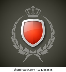 Protected wreath crown shield concept. Safety badge protection garland icon. Privacy corona banner shield. Security label Defense tag. Crown sticker shield. Defense safeguard sign. Vector wreath badge