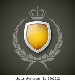 Protected wreath crown shield concept. Safety badge protection garland icon. Privacy corona banner shield. Security label Defense tag. Crown sticker shield. Defense safeguard sign. Vector wreath badge
