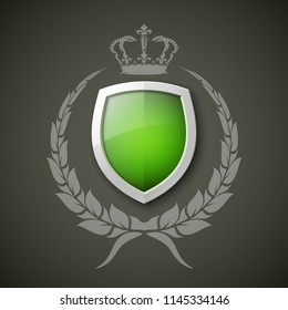 Protected wreath crown shield concept. Safety badge protection garland icon. Privacy corona banner shield. Security label Defense tag. Crown sticker shield. Defense safeguard sign. Vector wreath badge