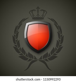 Protected wreath crown shield concept. Safety badge protection garland icon. Privacy corona banner shield. Security label Defense tag. Crown sticker shield. Defense safeguard sign. Vector wreath badge