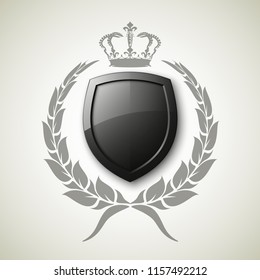 Protected wreath crown shield concept. Safety badge protection garland icon. Privacy corona banner shield. Security label Defense tag. Crown sticker shield. Defense safeguard sign. Vector wreath badge