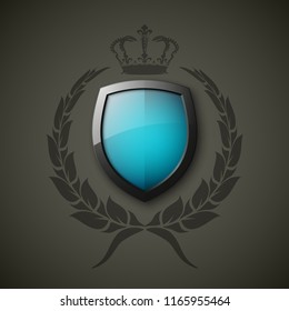 Protected wreath crown shield concept. Safety badge protection garland icon. Privacy corona banner shield. Security label Defense tag. Crown sticker shield. Defense safeguard sign. Vector wreath badge