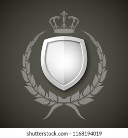 Protected wreath crown shield concept. Safety badge protection garland icon. Privacy corona banner shield. Security label Defense tag. Crown sticker shield. Defense safeguard sign. Vector wreath badge