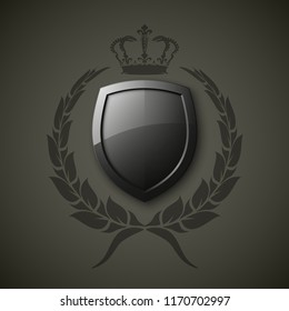 Protected wreath crown shield concept. Safety badge protection garland icon. Privacy corona banner shield. Security label Defense tag. Crown sticker shield. Defense safeguard sign. Vector wreath badge