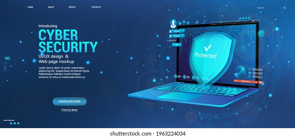 Protecting all personal data on your computer. Cyber security concept banner with laptop and security elements, data encryption, verification, software. Data privacy protection concept and shield