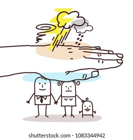 Protecting Big Hand - Cartoon Family and Stormy Weather