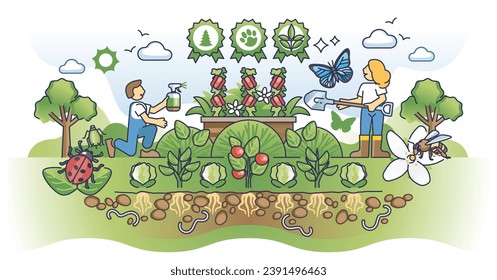 Protecting biodiversity with organics to save plants health outline concept. Ecological agriculture, farming and local food growing with bio practices vector illustration. Using green pesticides.