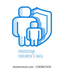 Protecting children data line icon - thin outline symbol of abstract silhouette of man and kid protected with shield in blue outline vector illustration isolated on white background, gdpr concept.