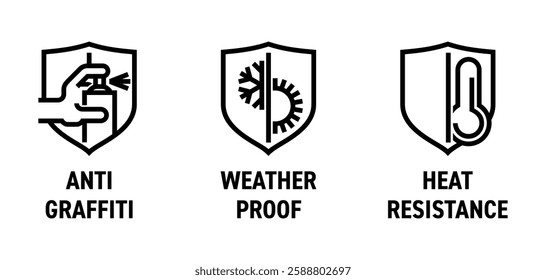 Protecting coating general properties icons set - Anti-graffiti, Weather proof, Heat resistance. Pictograms for labeling in bold line