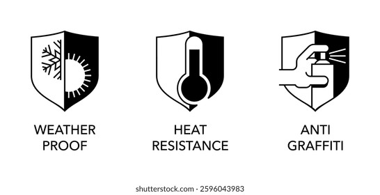 Protecting coating general properties icons set - Anti-graffiti, Weather proof, Heat resistance. Pictograms for labeling in monochrome style