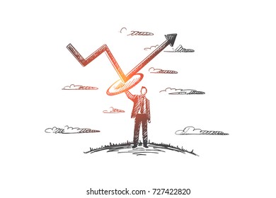 Protecting concept. Hand drawn man protecting business from crisis. Manager protect project from fall isolated vector illustration.