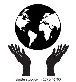 protecting or control hands holding globe planet earth with continets, simple black vector icon, globalization or worlwide concept