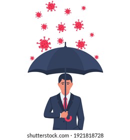Protecting coronavirus concept. Businessman in suit in hand hold an umbrella that protects against coronavirus Covid 2019. Umbrella  symbol of protection and security. Vector illustration flat design.