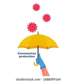 Schutz des Konzepts des Koronavirus. Eine Hand in Schutzhandschuhen ist gegen fliegende Bakterien covid-19 geschützt. Regenschirm als Symbol für Schutz und Sicherheit. Vektorillustration Illustration flaches Design.